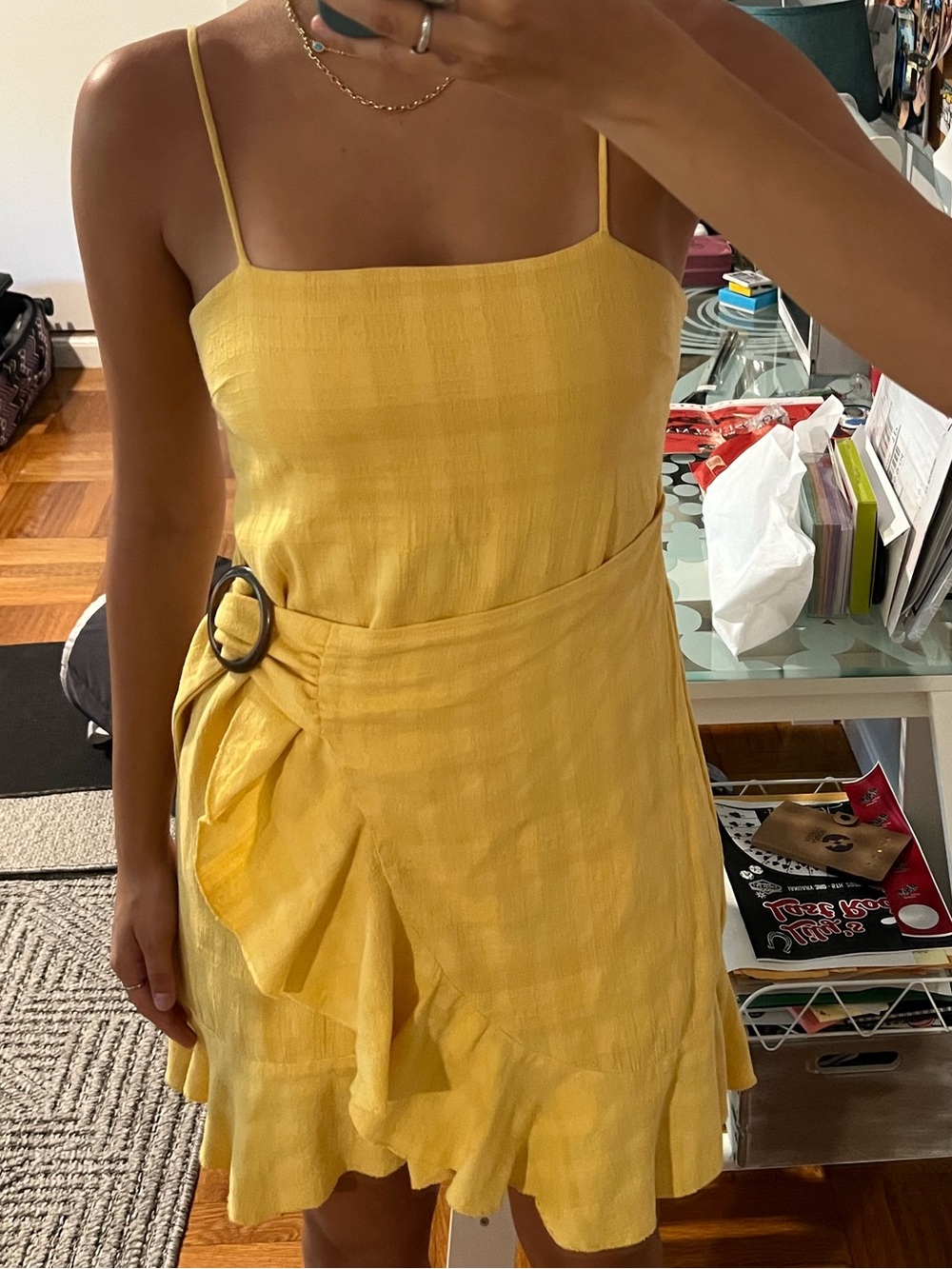 American Eagle Outfitters Yellow Ruffled Wrap Mini Dress, Size S